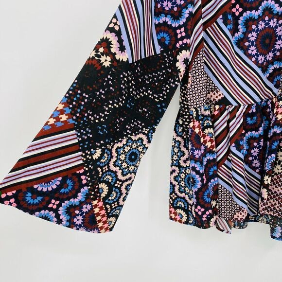 Nanette Lepore Size Medium Floral Striped Boho Bell Sleeve Peplum Blouse Top - Picture 4 of 7